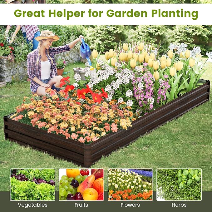 Giantex 8x4x1ft Metal Raised Garden Bed, Planter Box with Protective Edges, Gloves, Outdoor Raised Bed for Vegetables, Flowers, Fruit, Herb, Plant Garden Container for Lawn Backyard Patio