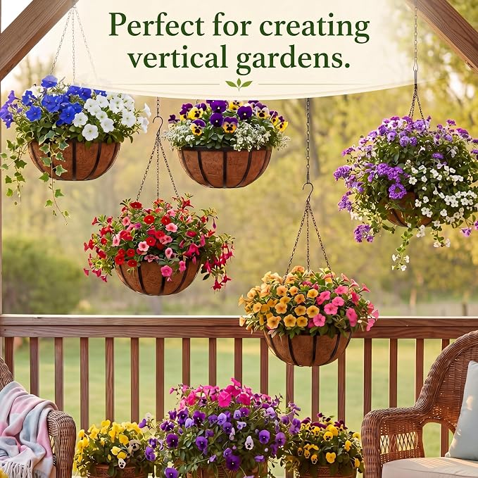 Didaey 8 Pcs Metal Hanging Basket with Coconut Coir Liner Hanging Flower Basket with Chain Indoor Outdoor Plant Flower Pot 14 Inch Round Wire Plant Holder for Garden, Patio, Deck, Porch Garden Decor