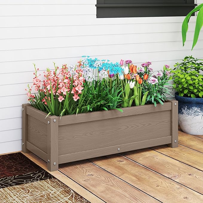 HDPE Raised Planter Box Outdoor,Rot-Resistant and Non-Cracking,Small Raised Beds for Gardening 29.5 * 14.4 * 9.8 in for Yard,Lawn,Outdoor Planter Boxes Rectangle with Drainage Holes Brown