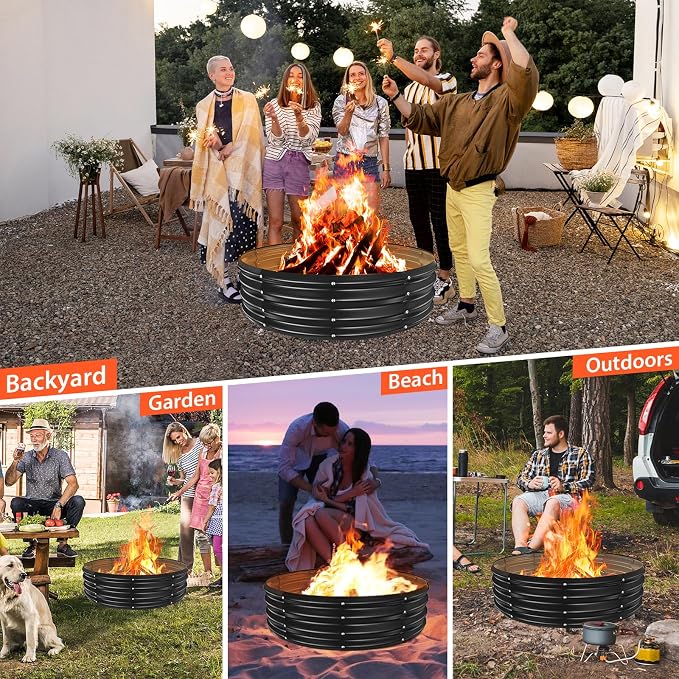 YSEJOMP 48 Inch Round Galvanized Fire Pit Ring/Fire Ring - Foldable and Perfect for Outdoor Gatherings and Campfires in the Yard/Garden/Park/Beach (Black+Gray, 4 FT Diameter+1 FT Tall)
