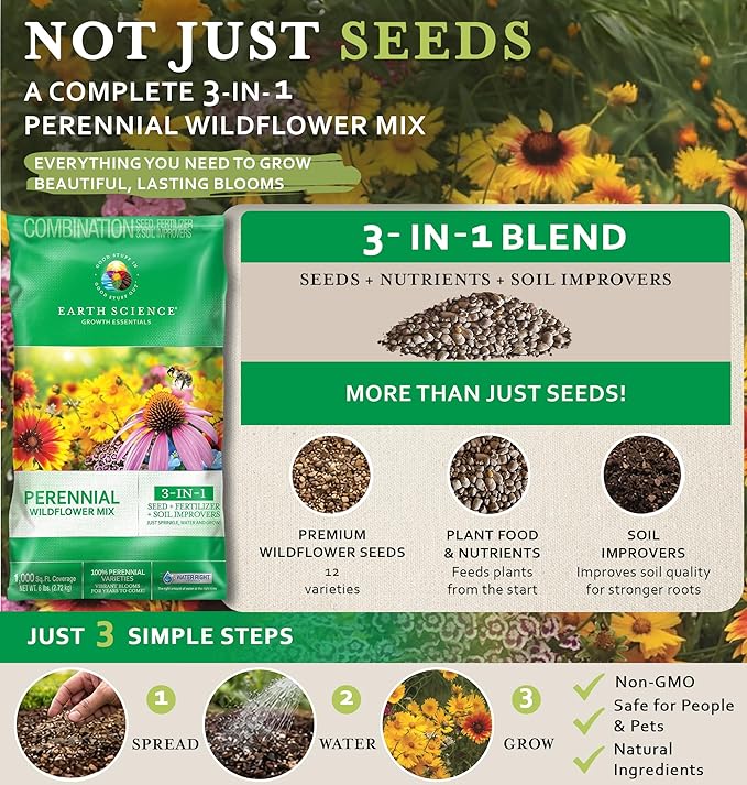 Earth Science Perennial Wildflower Mix—6 lb—3-in-1 Formula with Premium Wildflower Seeds, Plant Food and Soil Conditioners - Non-GMO, Natural Ingredients