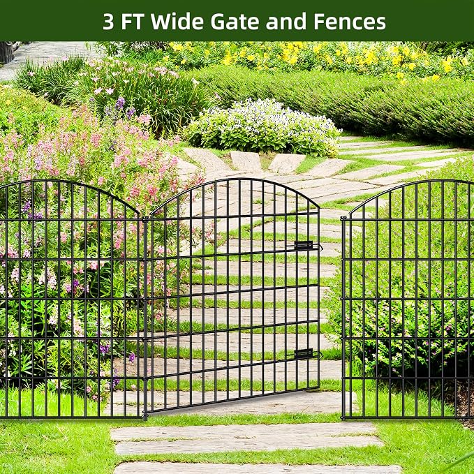 FOREHOGAR Heavy Duty Metal Garden Fences with Gate ECG1191, 1 Gate + 4 Fence Panels, 43.2in Tall and Total Length 14.75ft, Fencing for Dogs Animal Barrier Temporary Yard Border Outdoor, Black