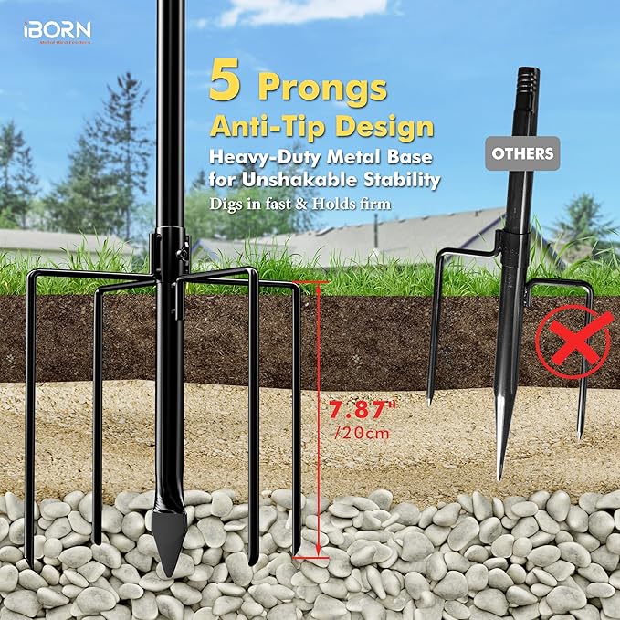 iBorn 36″ Standing Bird Feeder for Outdoors with 3 Adjustable Height Pole,12″ BPA-Free Plastic Platform Bird Feeder Seed Tray,5-Prongs Base,Birdfeeders Tray with Pole,Pack of 1（Not Include Fountain）