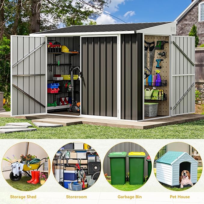 DWVO Outdoor Storage Shed, Waterproof Metal Garden Shed with Lockable Door, Storage Shed for Bike, Garbage Can, Lawnmower, Tool (4 x 8 FT)