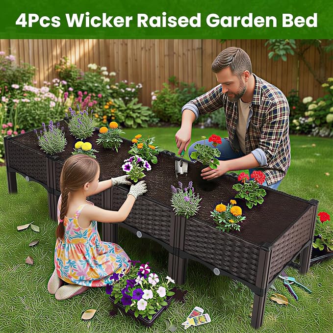 4Pcs Plastic Raised Garden Bed,62.4"×15.6"×14.4" Elevated Wicker Planter Box with Self-Watering System, Plants Garden Boxes with Legs for Growing Fresh Vegetables,Fruit,Flowers and Herbs