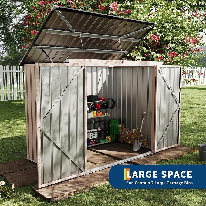 3x6 FT Metal Trash Can Shed, 2-Bin Outdoor Garbage Storage with Chain Lid, Weather-Resistant Bin Enclosure for Garden/Backyard/Patio