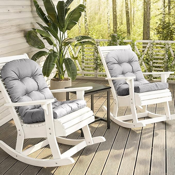Rocking Chair Cushion Adirondack Chair Cushions with Non-Slip Ties, High Back Patio Chair Cushions,Fade-Resistant & Waterproof,Indoor/Outdoor Rocking Chair Pad for Living Room, Deck,Light Gray