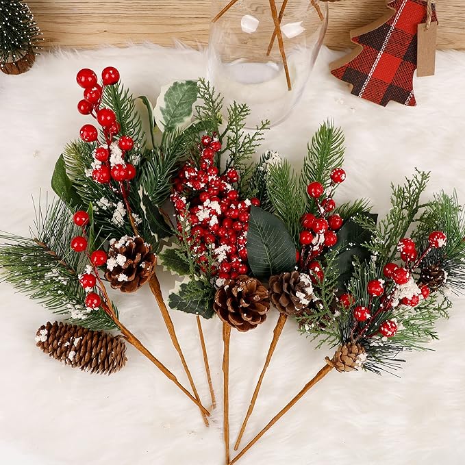 DR.DUDU 12 Packs Holiday Faux Christmas Evergreen for Wreaths, Swags, Topiaries, Elements Include Types of Evergreens, Holly Leaves, Winter Berries, Pine Cones, Laurel Leaf (6 Styles, 12-14 in)