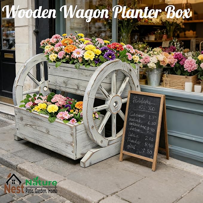 2 Tier Classic Wooden Wagon Planter Box|Outdoor Planter/Flower Pot for Indoor&Outdoor Plants-Rustic Garden Planter for Patio,Porch&Garden Decor- Raised Garden Bed for Succulents,Herbs,Vegetables