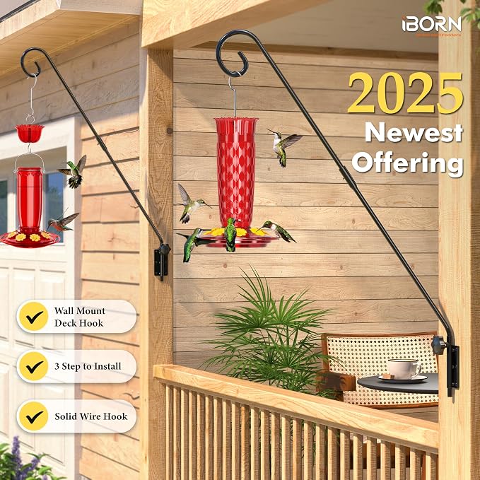 iBorn 16OZ Hummingbird Feeders for Outdoors with Built-in Ant Moat&28" Wall Mount Deck Hook,180° Rotatable Arm, Solid Wire, Pack of 1