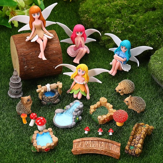 28Pcs Fairy Garden Accessories, Miniature Garden Ornaments Landscape Decorations Mini Fairy Figures Animal Plant Set for Outdoor DIY Terrarium Potted Plants Dollhouse Desk Decor