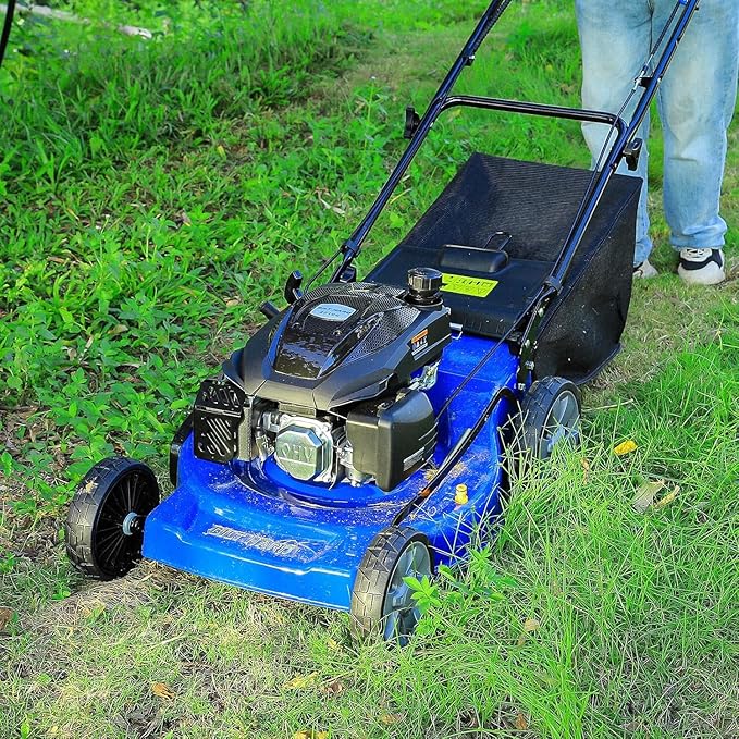BILT HARD 21" Self Propelled Gas Lawn Mower – Powered by a 201cc 4-Cycle OHV Engine, 3-in-1 Functions (Bagging, Mulching & Side Discharge), 8-Position Cutting Height Adjustment, and Easy Start.