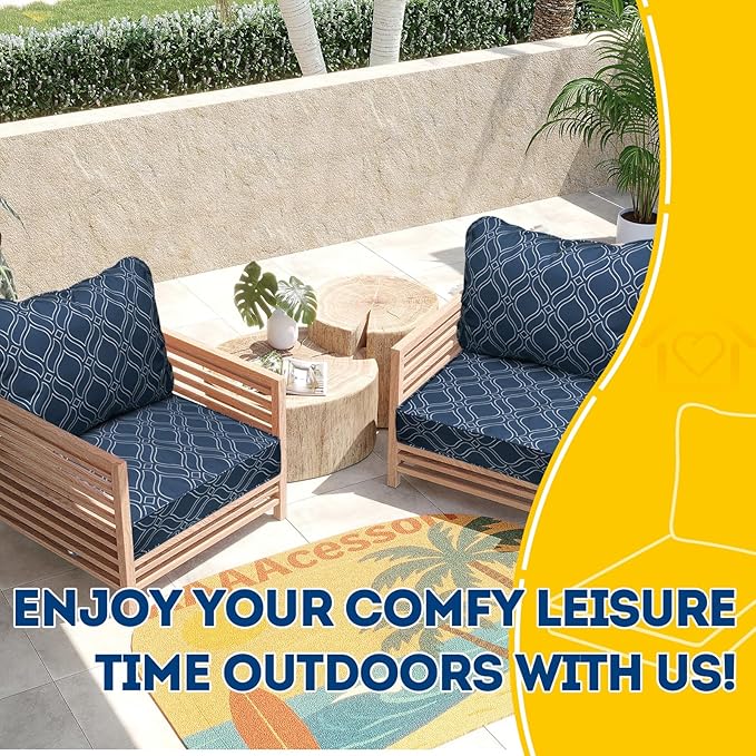 AAAAAcessories Outdoor Seat Cushions for Chairs, Fade-Resistant, Waterproof Patio Furniture Replacement Cushions, 23.5" x 25.5" x 5" + 23.5" x 19", Slate Blue Vine Trellis