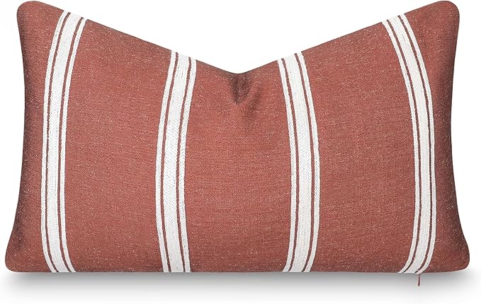 Crumbs Home Modern Farmhouse California Casual Indoor Outdoor Lumbar Pillow Cover, 12"x20" Water Repellent for Patio, Backyard, Couch, Poolside, Rust Orange White Embroidered Stripes