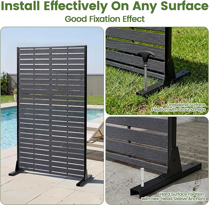 Privacy Screen Outdoor 60" H HDPE Decorative Freestanding Privacy Panel, Garden Divider Panels with Sandblasting Louvered Design, Privacy Screens Fence with Stand for Outside, Patio, Balcony