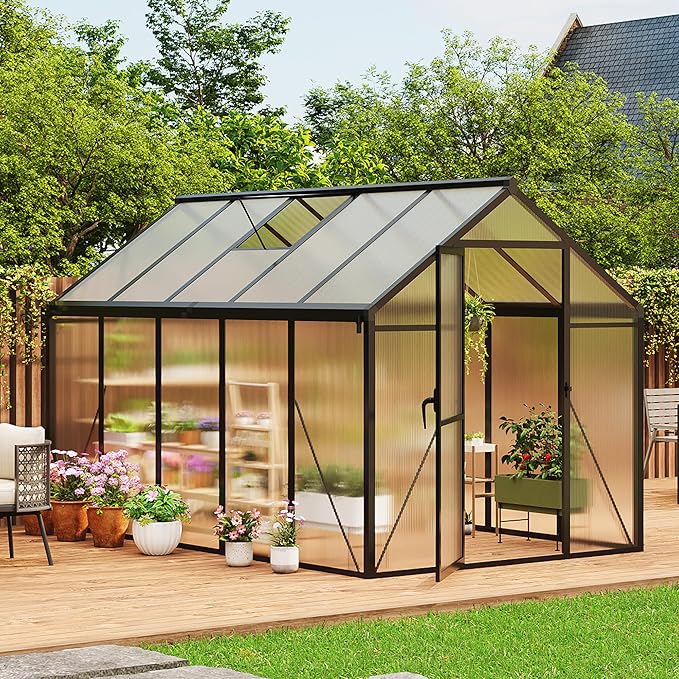 Garvee 6 x 10 ft Greenhouse, Greenhouses for Outside, Polycarbonate Greenhouse with Aluminum Frame, Lockable Door and Ajustable Roof Vent for Backyard, Green Houses for Outside Garden Backyard, Patio