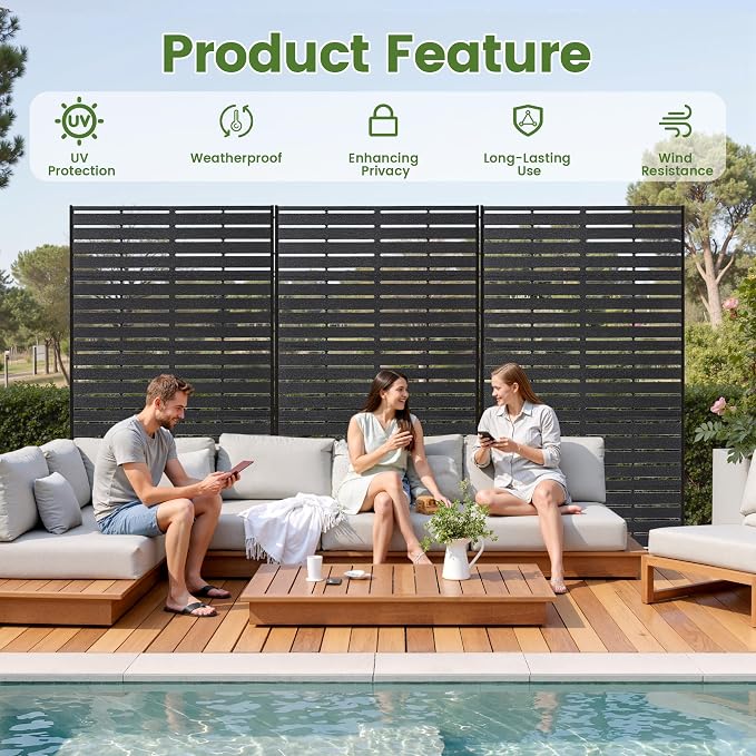 Outdoor Privacy Screen 60" H HDPE Decorative Freestanding Privacy Panel, Sandblasting Louvered Privacy Screens with Stand, Weather-Resistant Panel for Patio, Balcony, Backyard(5 Panels)
