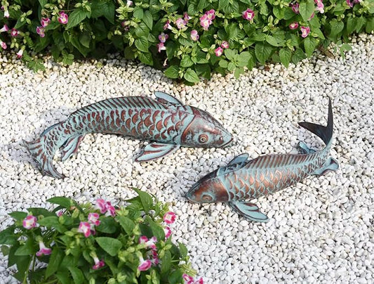 Garden Statues Koi Fish Decor for Outside,Antique Copper Garden Decor,Large Outdoor Koi Sculptures & Statues for Yard Patio Backyard Pond Decorations,Metal Fish Gifts for Mom Grandma,Set of 2