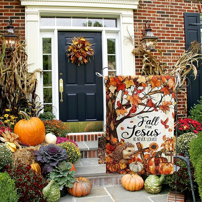 Stained Glass Autumn House Flag Fall for Jesus He Never Leaves Banner Religious Thanksgiving Pumpkin Yard Signs 28x40 Double Sided Outside Halloween Cardinal Garden Decor Outdoor