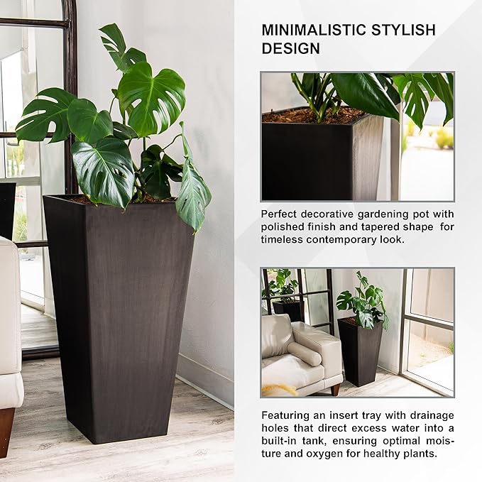 XBrand Modern 30-Inch Tall Square Planter, Modern Tapered Perfect for Indoor & Outdoor, Patio Décor, Set of 2, Black