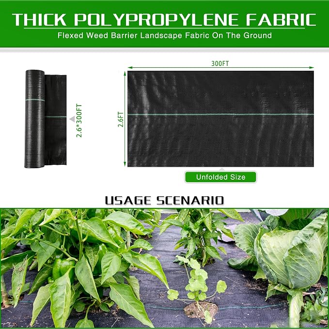 Weed Barrier Landscape Fabric Heavy Duty, 2.6FT x 300FT Thicken Garden Blocker Fabric Weed Mats, Weed Control Garden Cloth, Woven Geotextile Fabric for Garden Beds, Underlayment, Commercial Driveway