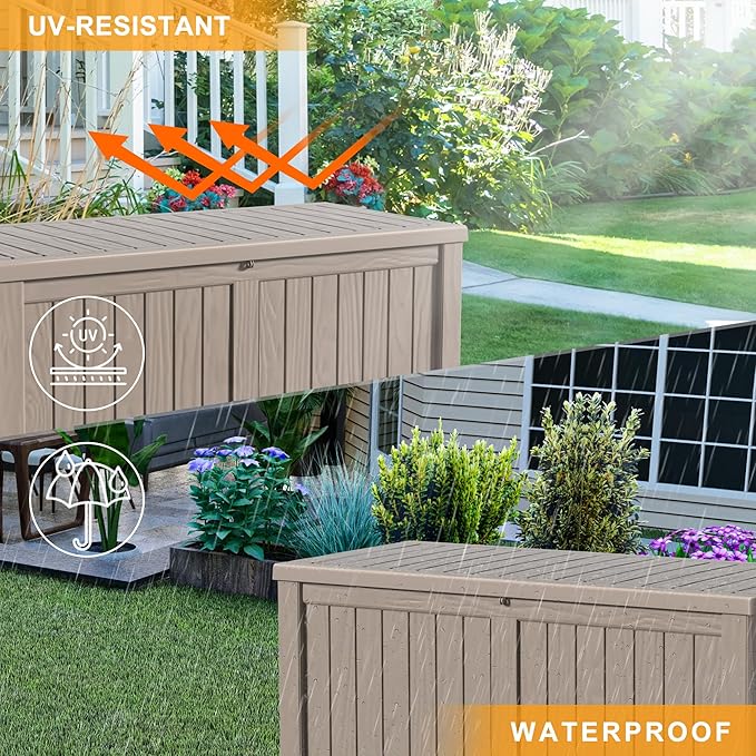 120 Gallon Outdoor Storage Box - Waterproof Resin Deck Box with Stainless Steel Rods - Lockable & UV Resistant Storage Bin for Patio Cushions & Garden Tools - Stylish Grey Design