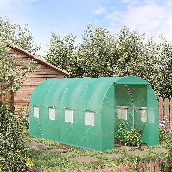 Outsunny 15' x 7' x 6.5' Walk-in Tunnel Hoop Greenhouse, Green House for Outside with PE Cover, Steel Frame, Roll-Up Zipper Door & Windows for Flowers, Vegetables, Tropical Plants, Green