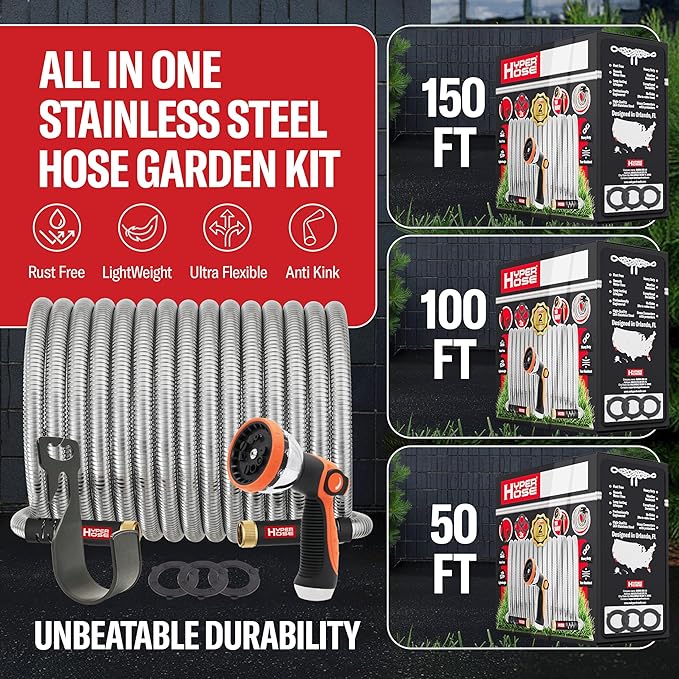 Best 100 ft Metal Garden Hose Set - No-Kink Durable 316 Stainless Steel, 10-Way Zync Spray Nozzle & Hook – Tough Flexible Heavy Duty Water Hoses, 5/8 in, Rust, Weather, LeakProof