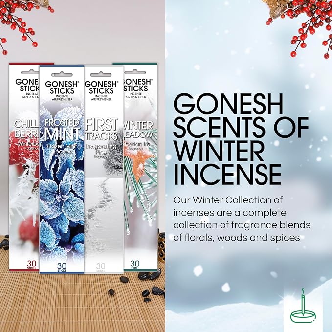 Gonesh Scents of Winter - Incense Sticks Variety Pack - Non-Toxic 10” Slow Burn Aromatic Sticks - Winterberry, Invigorating Pine, Siberian Iris, Mint Leaves - 30 in Each