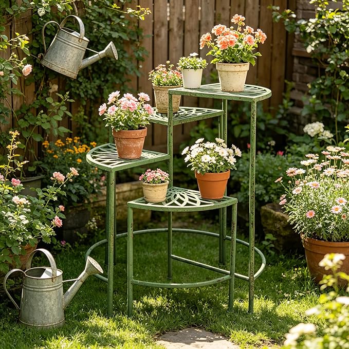 Rustic 4 - Tier Metal Plant Stand - Foldable Distressed Green Corner Plant Rack, Vintage Flower Pot Holder Shelves for Patio Porch Garden Balcony Living Room Use, Indoor/Outdoor Home Decor (Green)