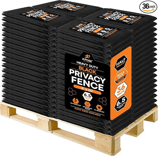 Xpose Safety Privacy Fence Screen 8’ x 50’ (36 Pack) – Bulk Half Pallet – Heavy Duty Black Mesh with 90% Visibility Block, UV Protection – Includes Cable Ties for Garden, Yard, Nursery, Kennel,Dog Run