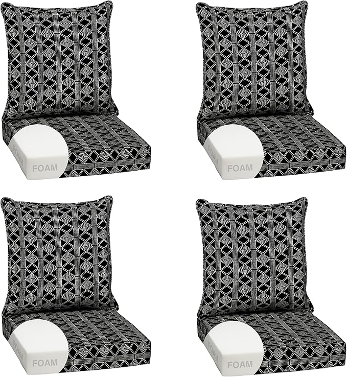 Arden Outdoor Foam Deep Seat Cushion Set (4-Pack), 24x24, Premium High-Density Foam, Never Flattens, Weather-Proof for Patio Chair Sofa Couch, Black Global Stripe