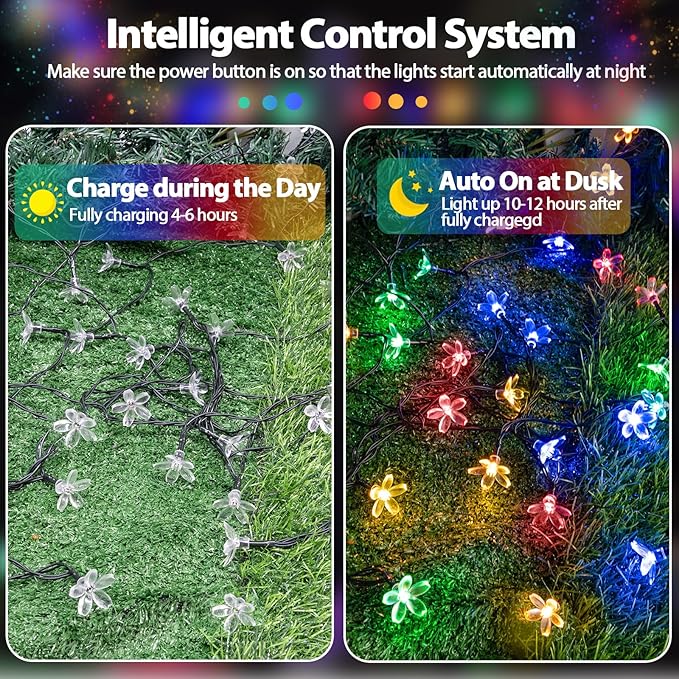 OZS 2PK 80LED 50FT Flower Solar String Lights Outdoor Waterproof, Cherry Blossoms Multicolor Lights with 8 Lighting Modes, Garden Decor for Outside, Pathway Light for Fence, Patio, Yard