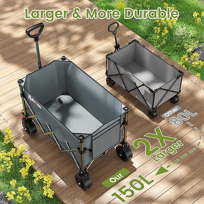 Blomoba Collapsible Wagon Cart, 150L Heavy Duty Foldable Beach Wagon with Wider Wheels & Auto-Rebound Handle, Utility Grocery Shopping Cart for Garden, Shopping, Camping, Sports, Gray