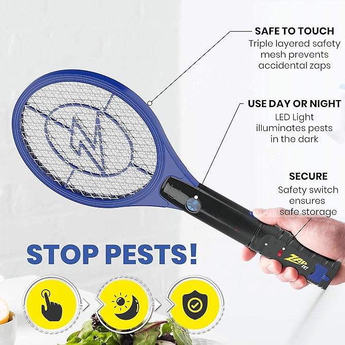 ZAP IT! Rechargeable Electric Fly Swatter Racket - 4,000-Volt Mosquito Zapper with USB Charging and LED Light - Large - Safe 3-Layer Mesh Bug Zapper Racquet for Indoors and Outdoors - Yellow