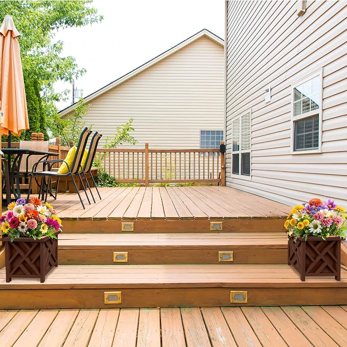 Lattice Design Outdoor Planter Box 2-Pack - 15.5” Square 16.5” Tall Brown Decorative Plant Pots for Front Porch Decor - Flower Pots Outdoor Planters for Porch Patio or Garden Decor by Pure Garden