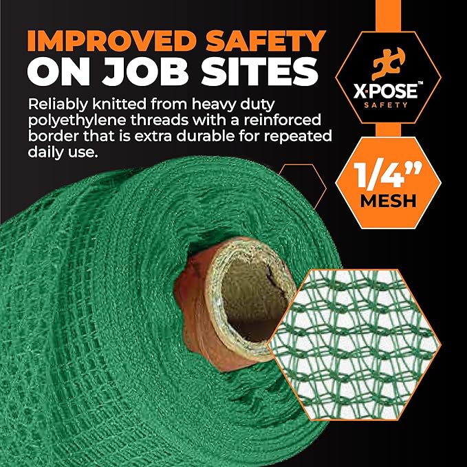 Xpose Safety Construction Safety Netting – 4' x 150', 1/4" Mesh Scaffold Safety Net, Temporary Material Roll, Visibility Fence, Heavy-Duty Fire Retardant, Green