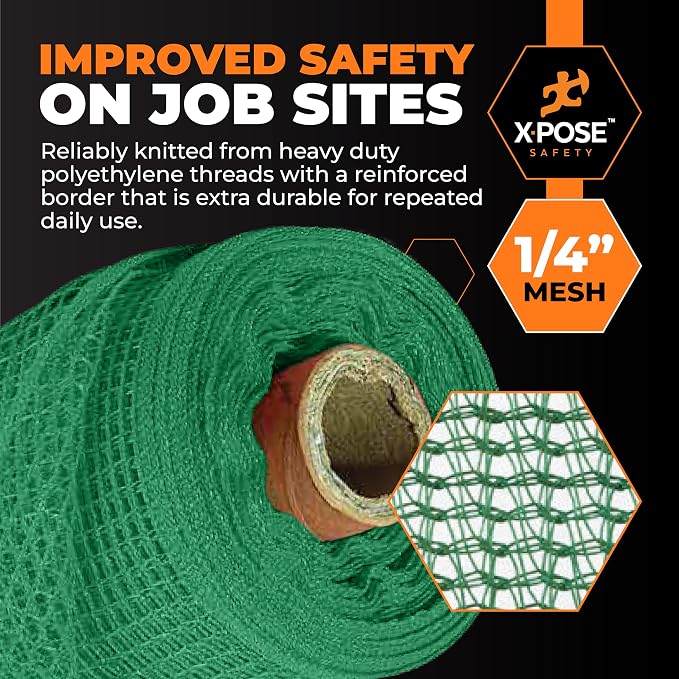 Xpose Safety Construction Safety Netting – 8.5' x 150', 1/4" Mesh Scaffold Safety Net, Temporary Material Roll, Visibility Fence, Heavy-Duty Fire Retardant, Green