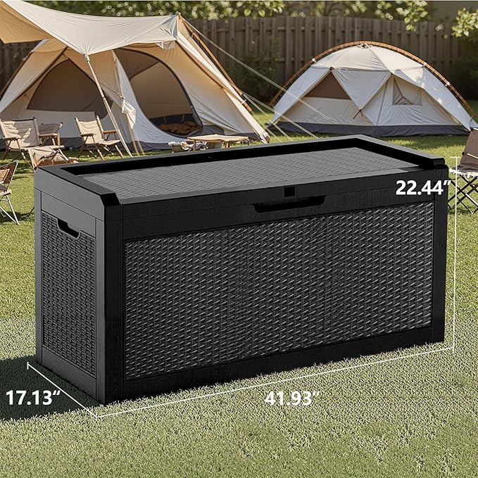 60 Gallon Outdoor Storage Box for Indoor & Outdoor Use, Waterproof Resin Rattan Deck Bin - Lockable & Fade Resistant - Ideal for Package Storage, Patio Cushions & Gardening Tools, Black