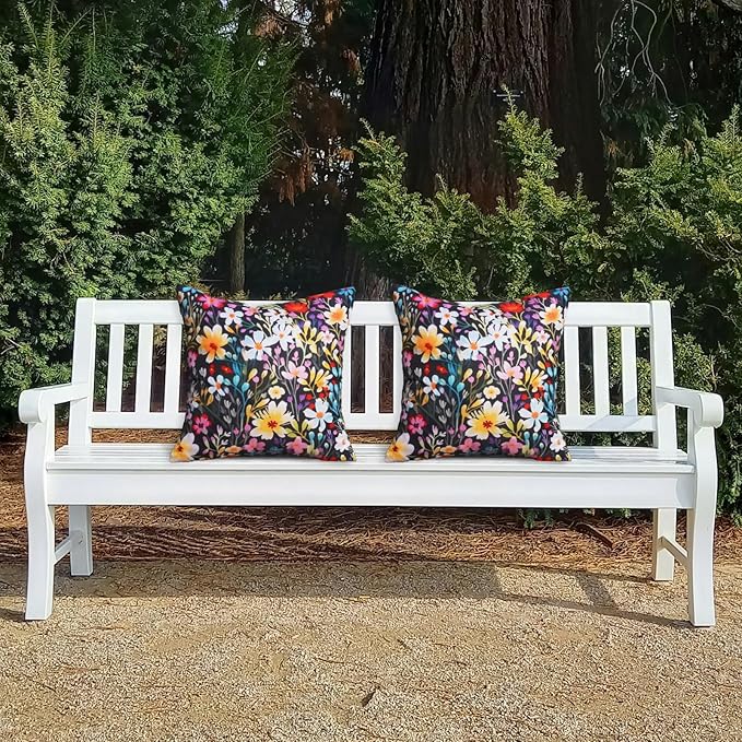 HOMFREEST Outdoor Floral Throw Pillow Covers 18x18 Inch Set of 2 Black Waterproof Flowers Decorative Spring Summer Holiday Patio Cushion Cases for Patio Furniture Garden