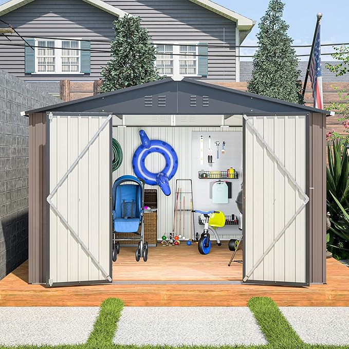 YOPTO 10 x 10 FT Outdoor Storage Shed,Heavy Duty Tool Sheds Metal Storage Garden Shed with Sloped Roof and Lockable Doors,Large Metal Storage Sheds for Backyard Patio Lawn, Brow
