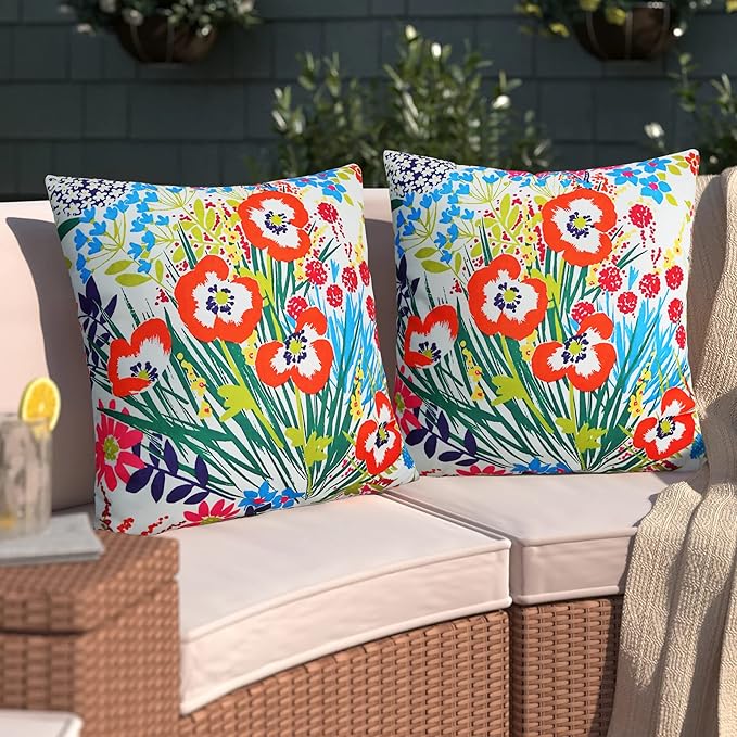 Merrycolor Pack of 2 Outdoor Pillow Covers 18x18 Waterproof Decorative Floral Square Pillowcase Cushion Cases Outdoor Pillows for Patio Furniture Garden Balcony Couch