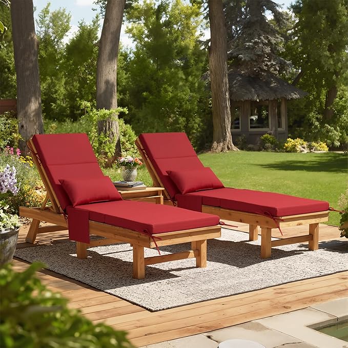 Crestlive Products Foldable Outdoor Chaise Lounge Cushions with Head Pillow and Side Pockets,Water Repellent & Fade Resistant Lounge Chair Cushion, 72''L x 21''W, Set of 2, Chili