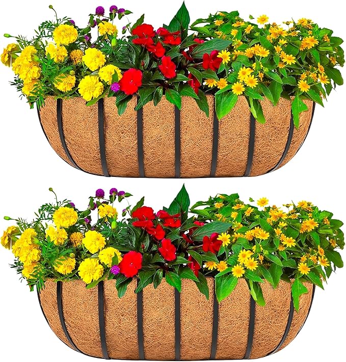 16 Inch Window Baskets with Coconut Liner Outdoor Wall Planter for Plants Long Window Flower Box for Porch Fence Patio Outdoor（2 Pack）