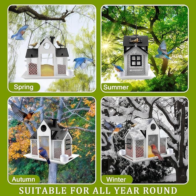 Solar Bird Feeders House for Outside Hanging, Metal Wild Bird Feeder for Outdoors Large Capacity Cardinal Birdfeeder Birdhouses Metal Bird Feeding Station White
