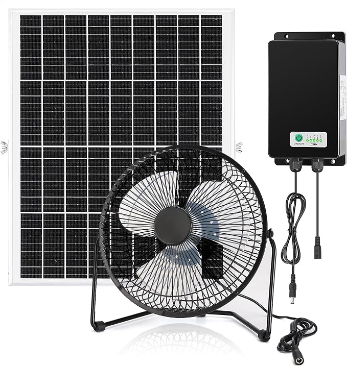 blessny 8" Solar Rechargeable Fan, 25W Solar Powered Floor Fan with 66.6 Wh Battery Backup for Outdoor Greenhouse, Chicken Coop, Pet House Air Circulation Cooling