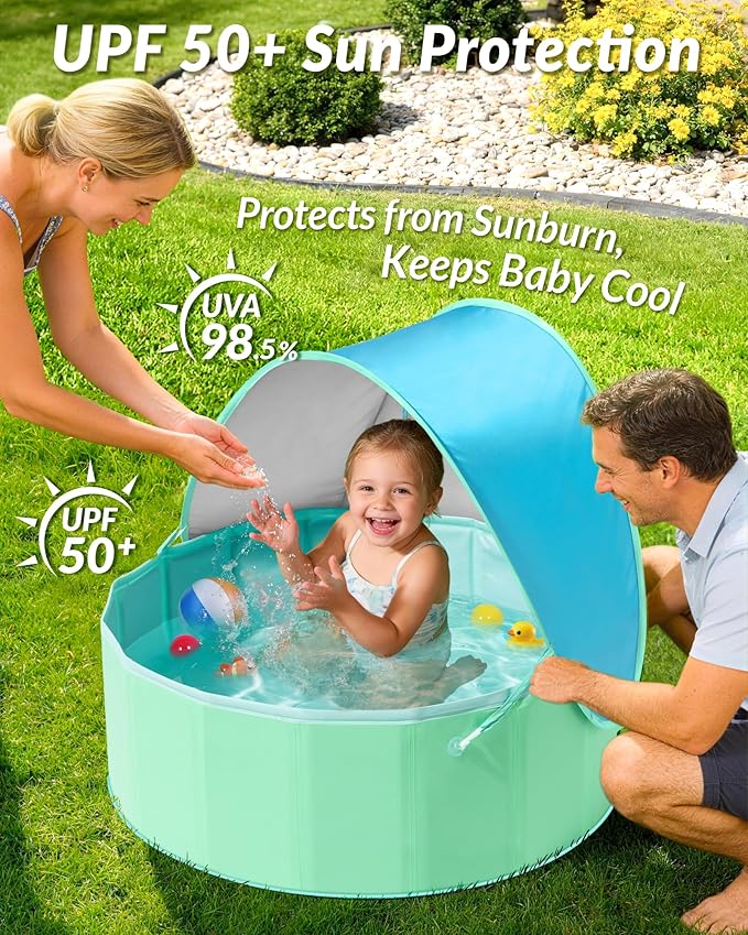 Hikiddy Foldable Kiddie Pool with Canopy: 31.5in/ 47in /63in for Baby Toddler Kids Family - Summer Water Play Pool with Shade - Portable for Outdoor Backyard Beach (Blue & Mint, 31.5in)