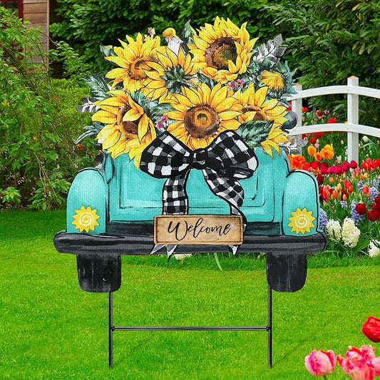 Weysat Sunflowers Yard Sign 13.7 Inch Sunflowers Metal Decoration Outdoor Summer Decoration for Home Outdoor Summer Truck Yard Decor with Stakes Waterproof for Garden Patio Lawn Party Walkway Decor