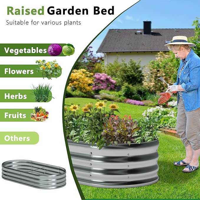 Foxlang 4x2x1ft(2 Pack) Galvanized Oval Raised Garden Bed,Outdoor Planter Box Metal Patio Kit Planting Bed for Vegetables Flowers Herb,Silver
