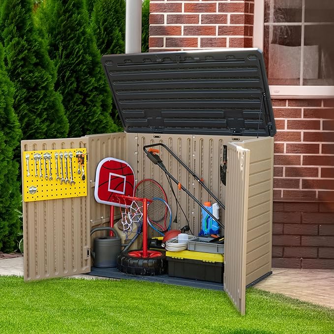 YITAHOME Outdoor Resin Storage Sheds, 39 in Height Lockable Waterproof Horizontal Shed w/o Shelf, Easy to Assemble Shed Storage for Garden Tools, Brown